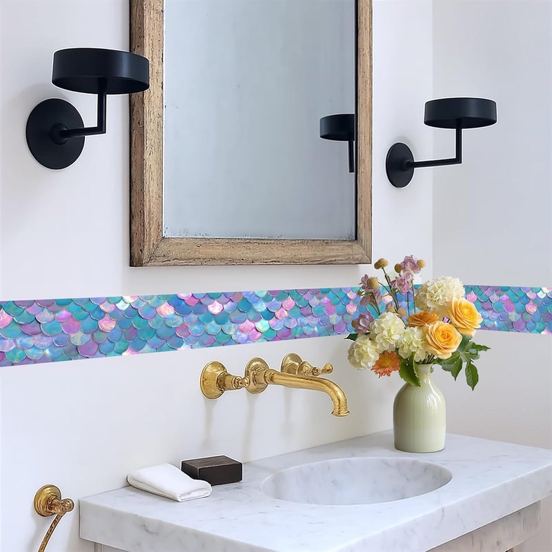 IOHEFY Mermaid Scale Wallpaper Border 196x4 Inch Peel and Stick Wall Border Iridescent Pastel Blue Pink Glitter Pattern Removable Vinyl Wall Trim for Bathroom Bedroom Kitchen DIY Home Decor - Image 5